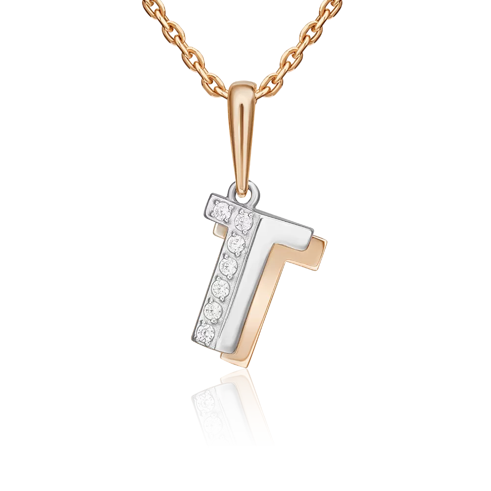 Подвеска «Буква Т» из комбинированного золота с фианитами 03-3418-Т-401-1111