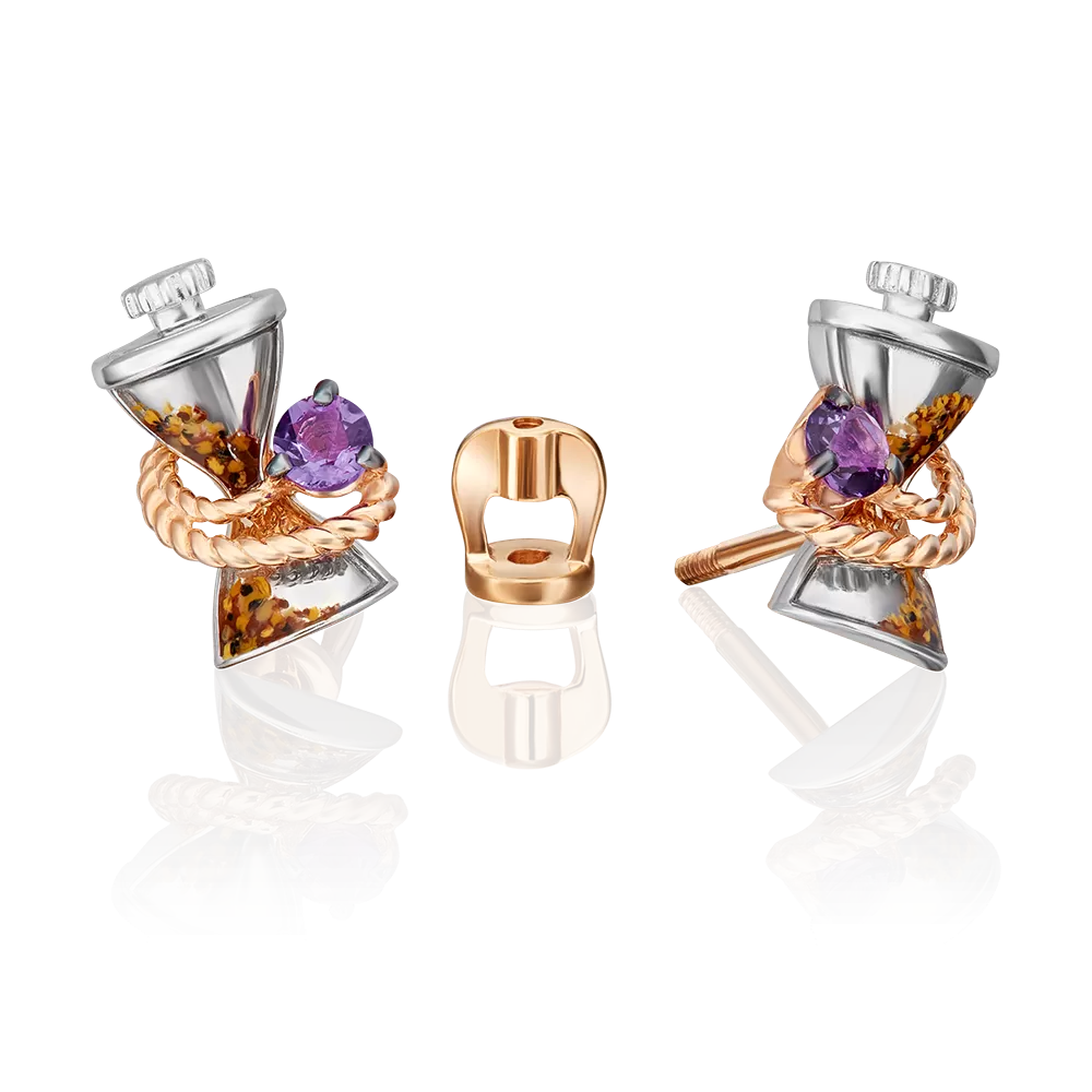 Серьги-пусеты «Мудрость жизни» из комбинированного золота с аметистом и эмалью 02-4873-00-203-1111
