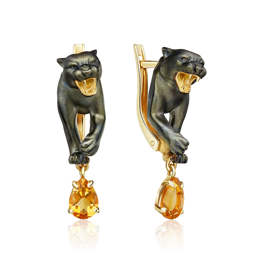 Серьги «Чёрные пантеры» с английским замком из лимонного золота с цитрином 02-5297-00-206-1130