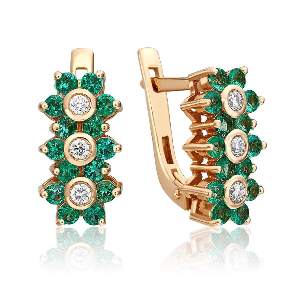 Серьги с английским замком из красного золота с бриллиантами и изумрудами 02-0387-00-106-1110-30