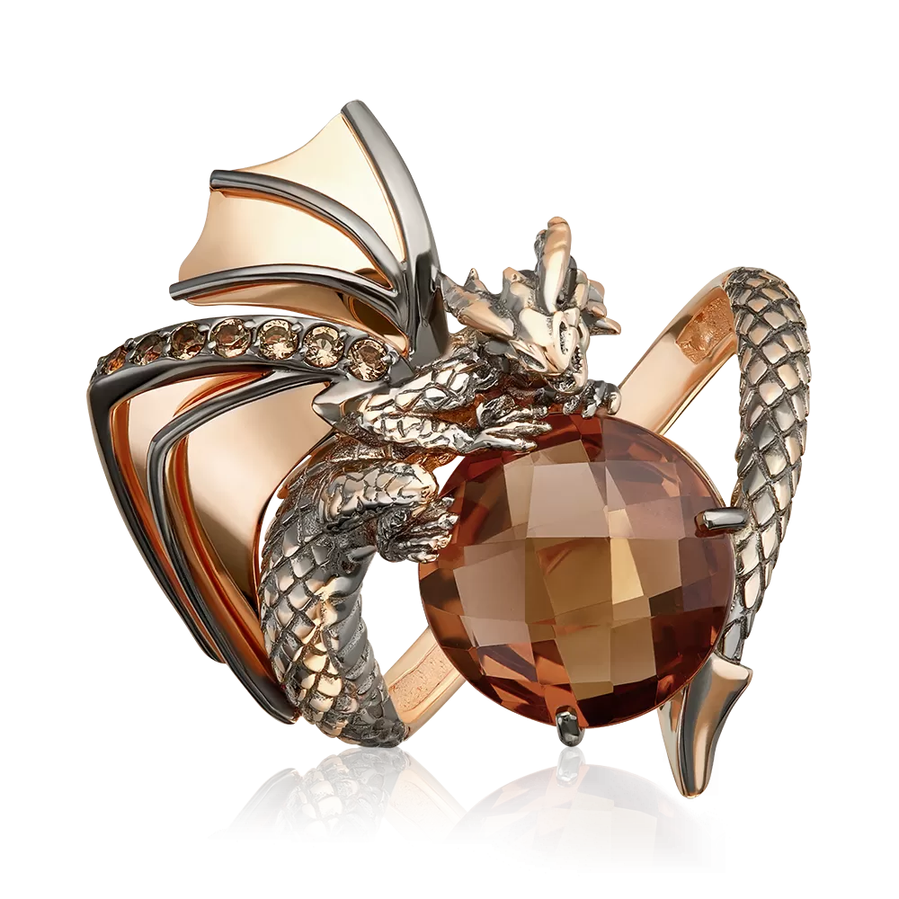 Кольцо «Дракон» из красного золота с цитрином и кварцем дымчатым 01-5893-00-226-1110