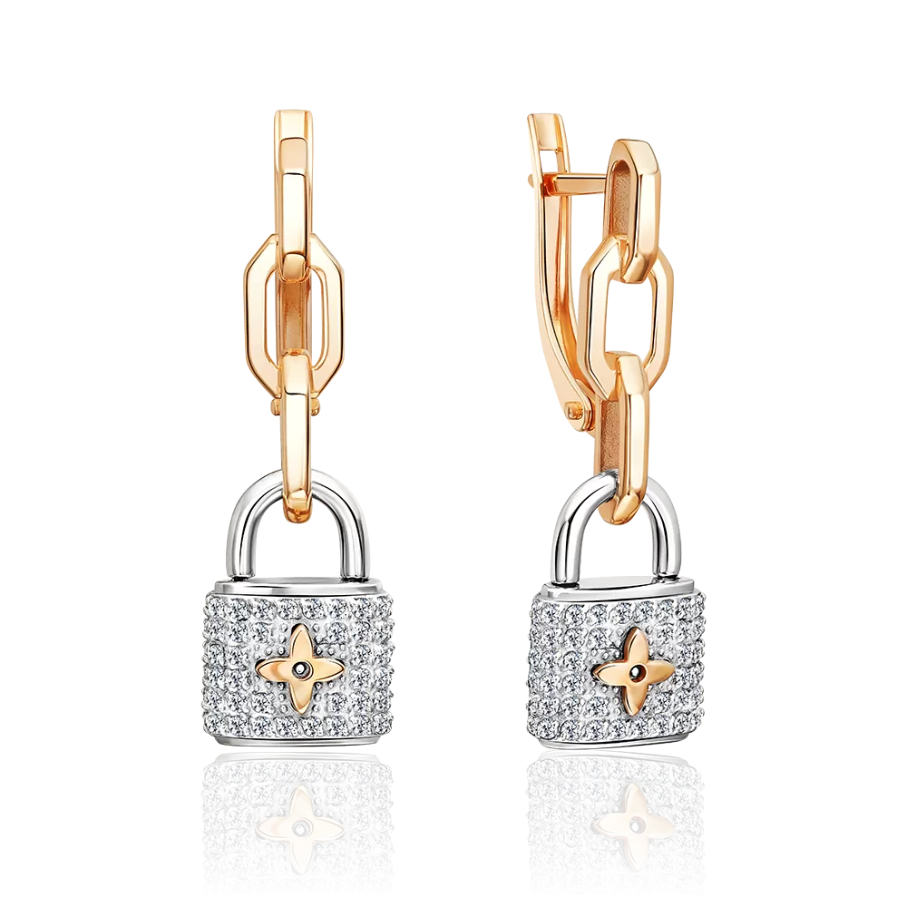 Серьги «Замки» с английским замком из комбинированного золота с фианитами 02-5545-00-401-1111