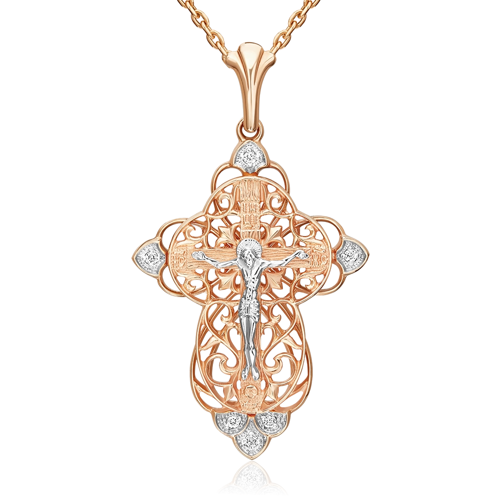 Православный крест из комбинированного золота с фианитами 03-1417-00-401-1111-03