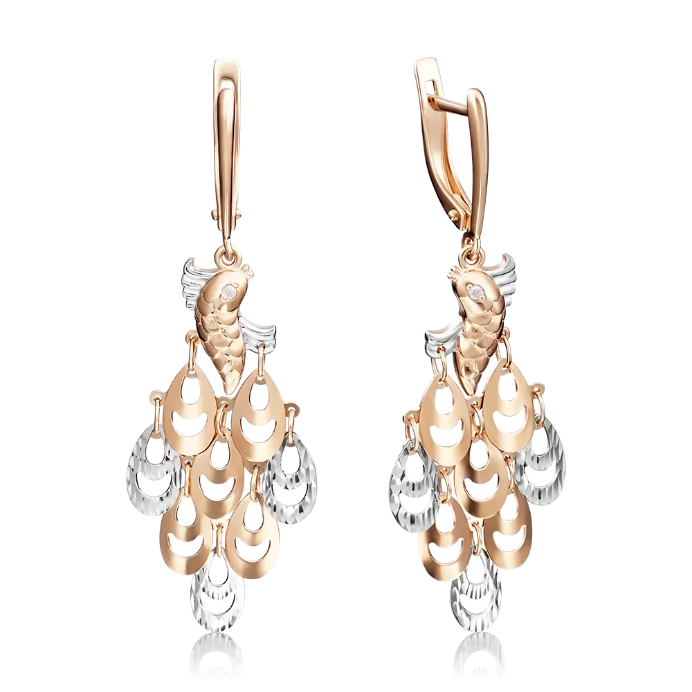 Серьги «Рыбки» с английским замком из красного золота с фианитом 02-3579-00-401-1110-03