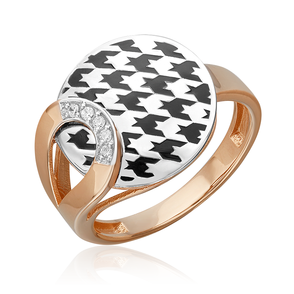 Кольцо с принтом «Гусиная лапка» из комбинированного золота с фианитами и эмалью 01-5717-00-401-1111