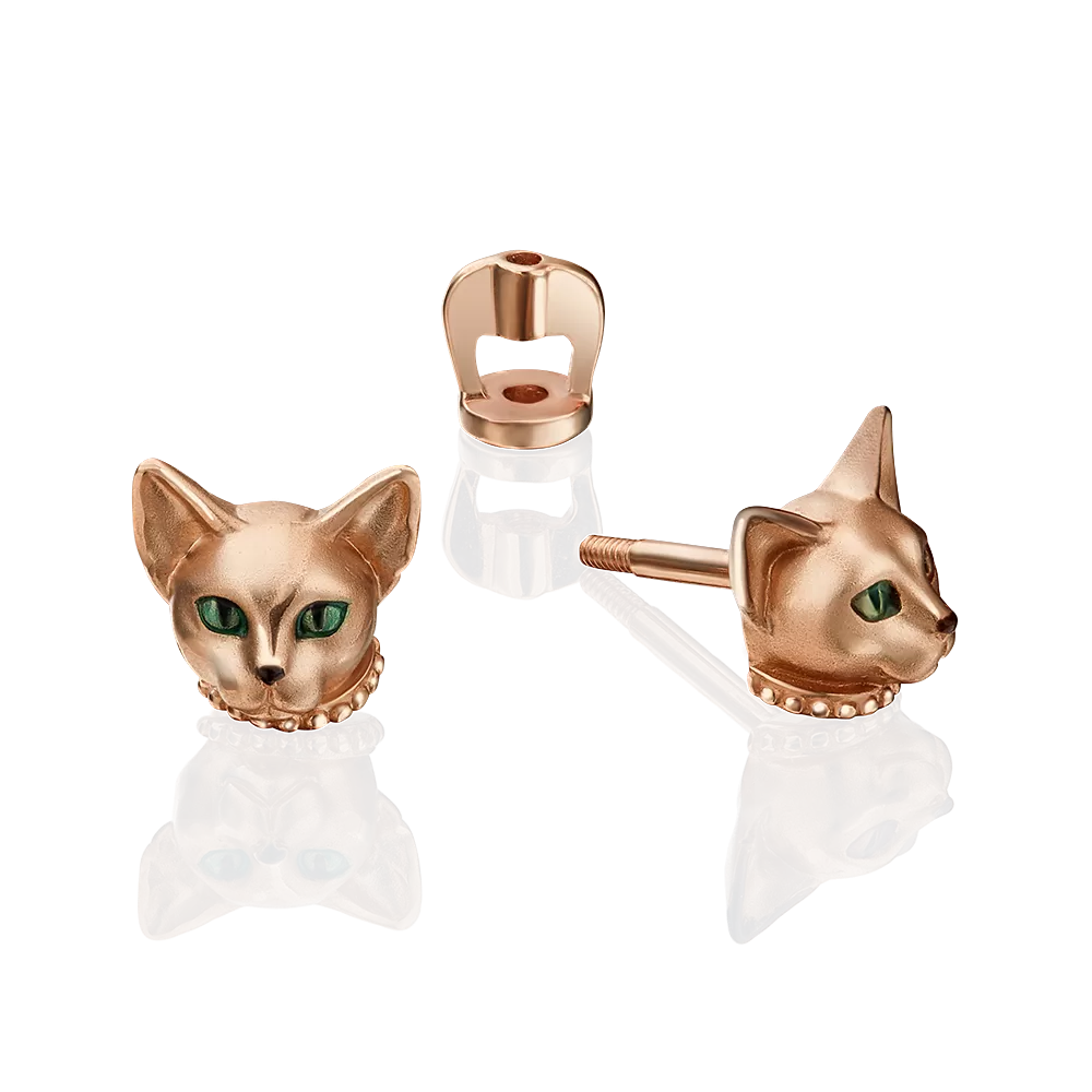 Серьги-пусеты «Абиссинские кошки» из красного золота с эмалью 02-4335-00-000-1110-25