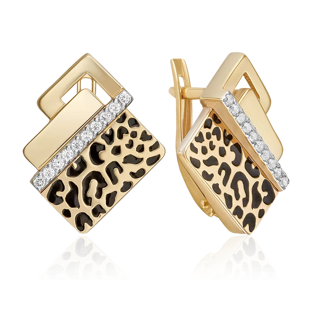 Серьги с принтом «Леопард» из лимонного золота с фианитами и эмалью 02-5190-00-401-1130