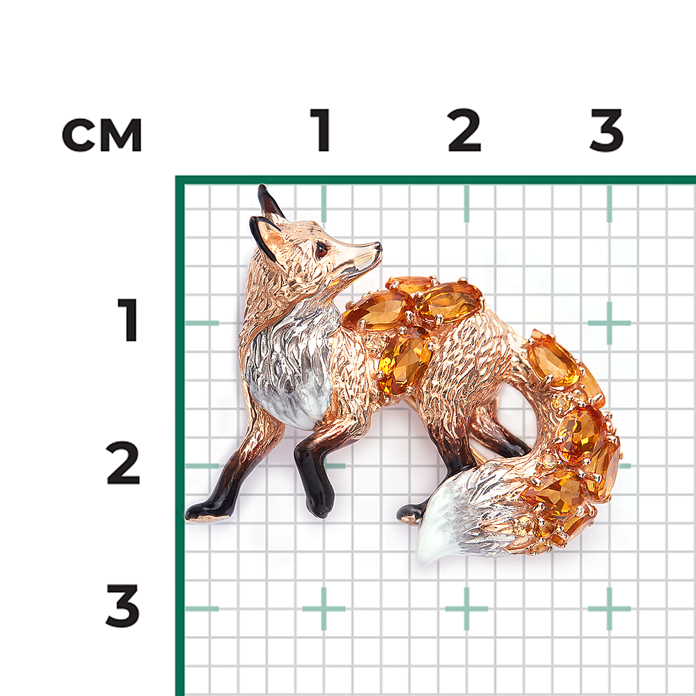 Брошь «Лисица» из красного золота с цитринами и эмалью