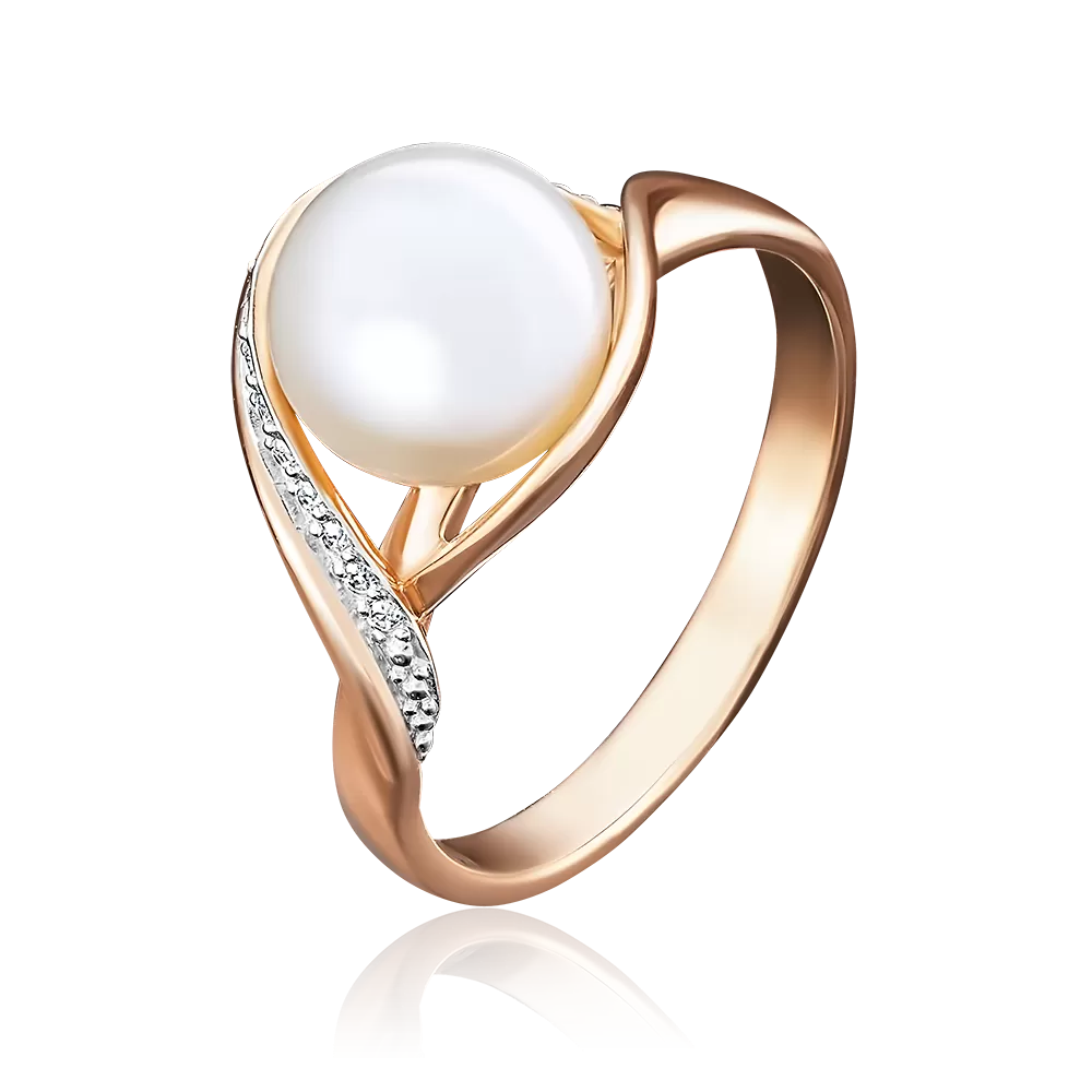 Кольцо из красного золота с жемчугом культивированным и фианитами 01-4735-00-302-1110-31