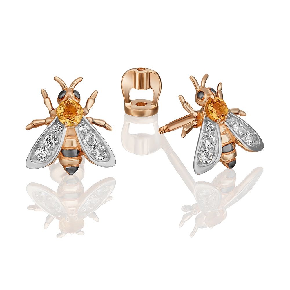 Серьги-пусеты «Пчёлы» из красного золота с цитрином и натуральными топазами white 02-4683-00-282-1110-57