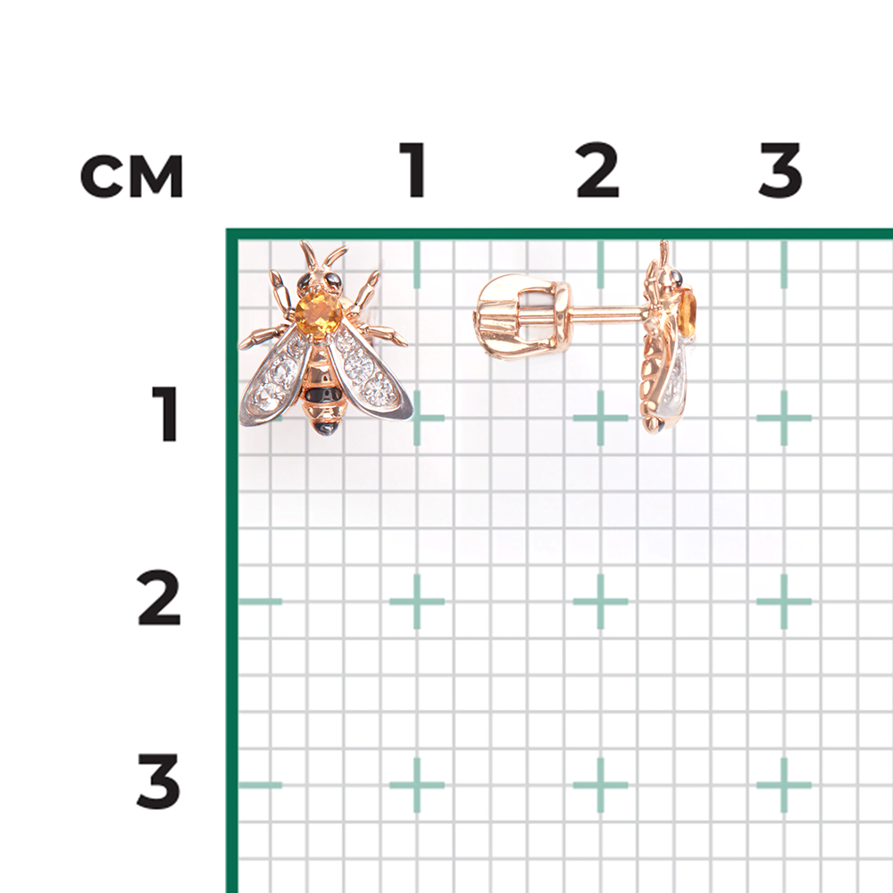 Серьги-пусеты «Пчёлы» из красного золота с цитрином и натуральными топазами White