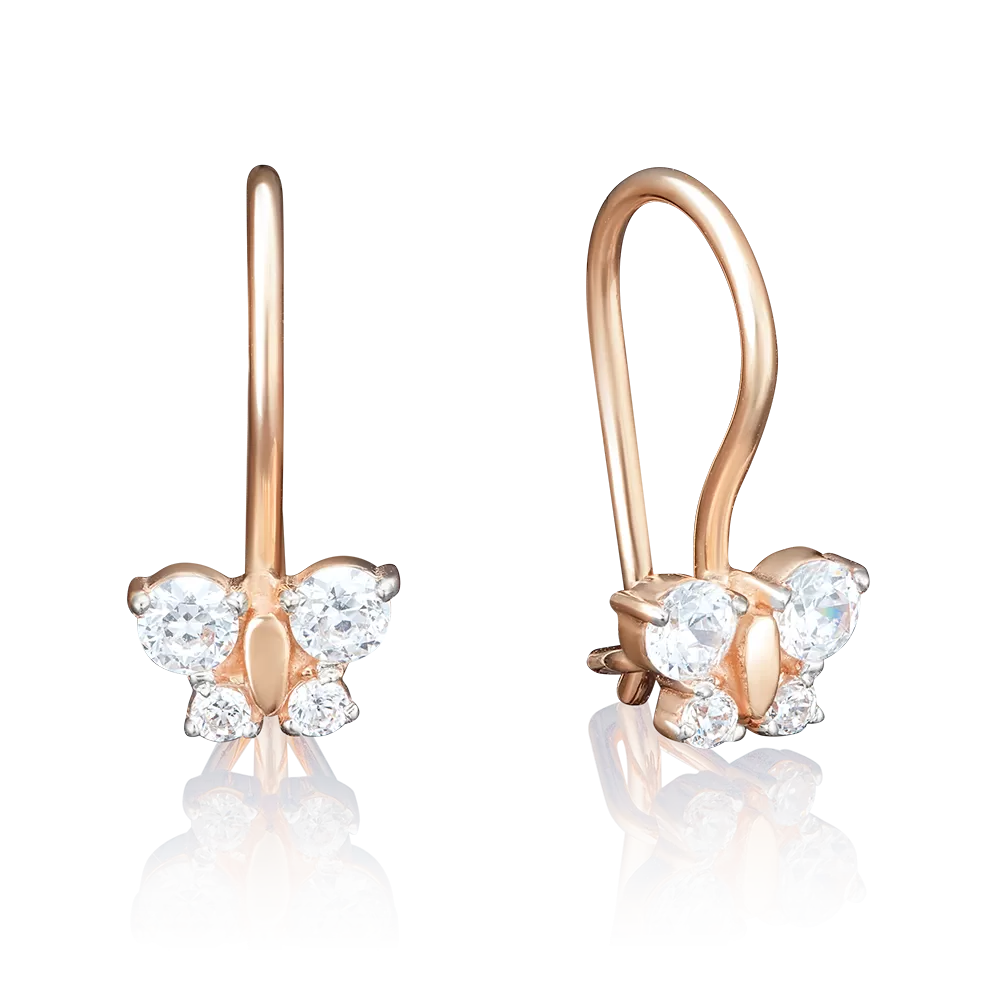 Детские серьги «Бабочки» с французским замком из красного золота с фианитами 02-2134-00-401-1110-03