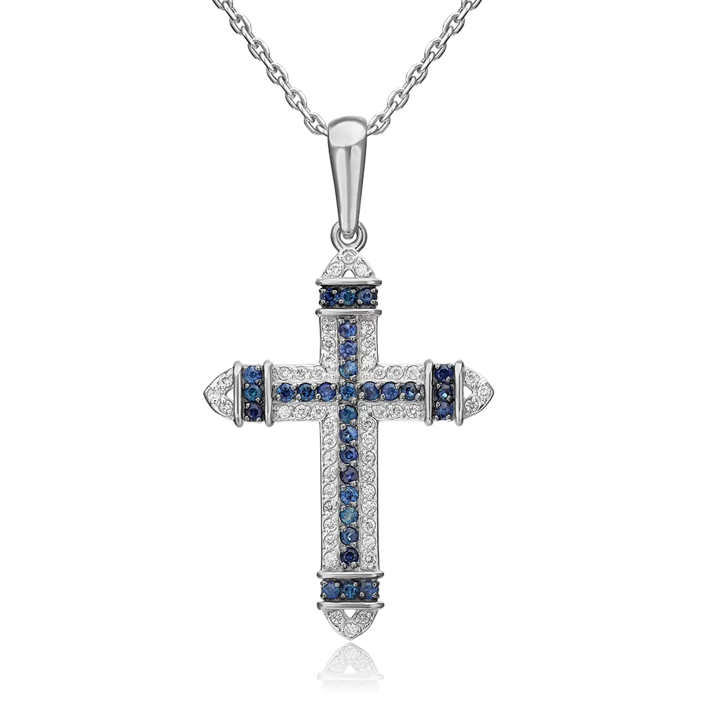 Декоративный крест из белого золота с сапфирами и бриллиантами 03-0455-00-105-1120-30