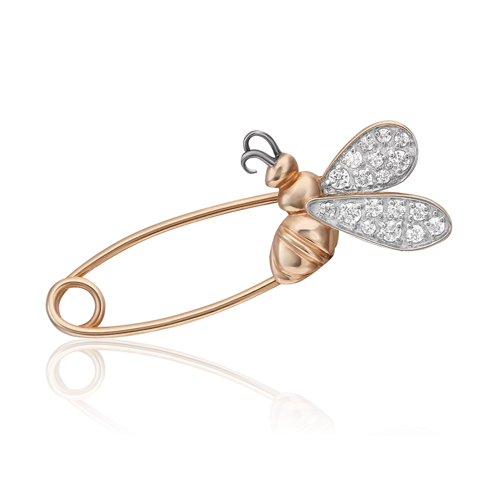 Брошь-булавка «Пчела» из красного золота с фианитами 04-0222-00-401-1110-23