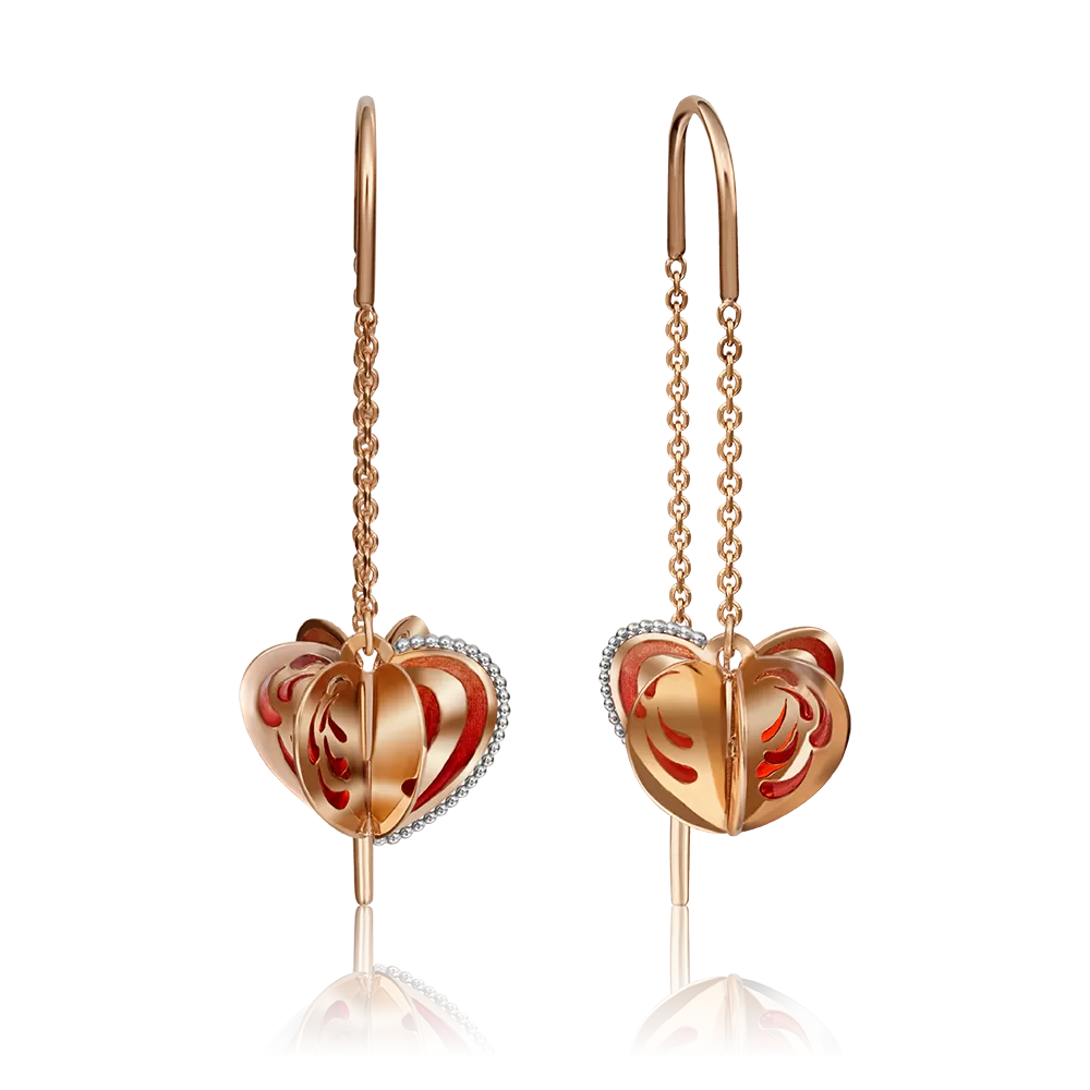Серьги-продевки «Сердца» из красного золота с эмалью 02-4165-00-000-1110-48
