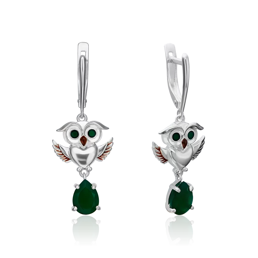 Серьги «Совы» с английским замком из серебра с халцедоном и эмалью 02-4633-00-274-0200-68