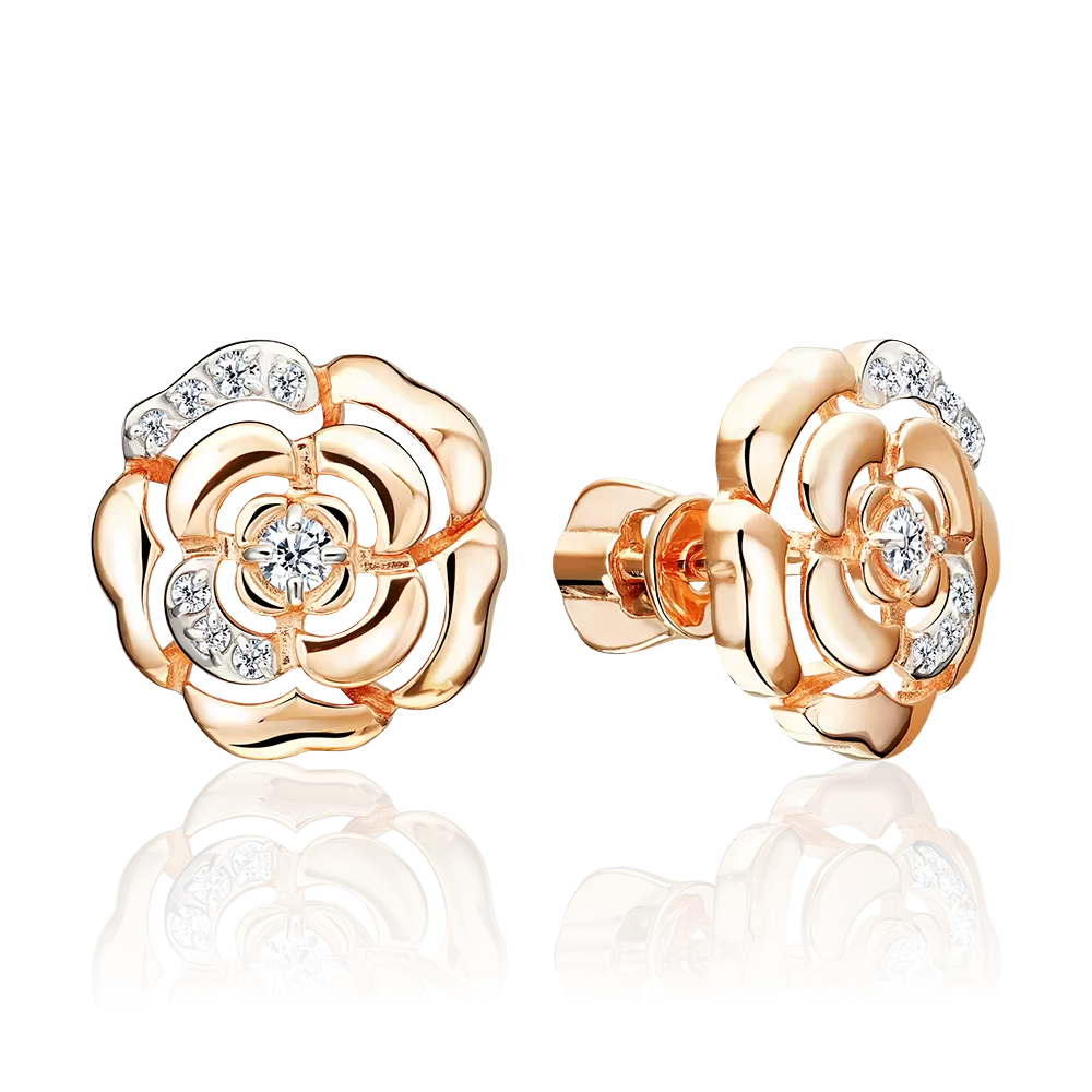 Серьги-пусеты «Камелии» из красного золота с фианитами 02-5529-00-401-1110