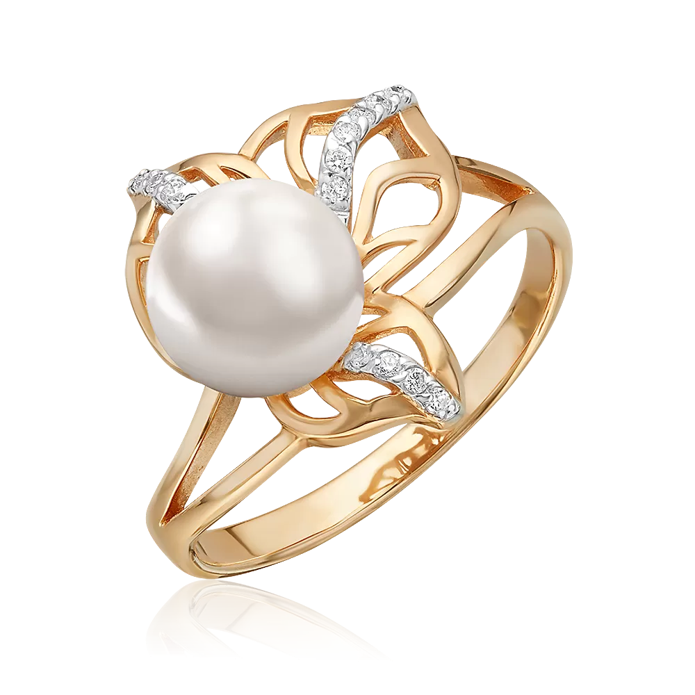 Кольцо из красного золота с жемчугом культивированным и фианитами 01-2153-00-302-1110-31