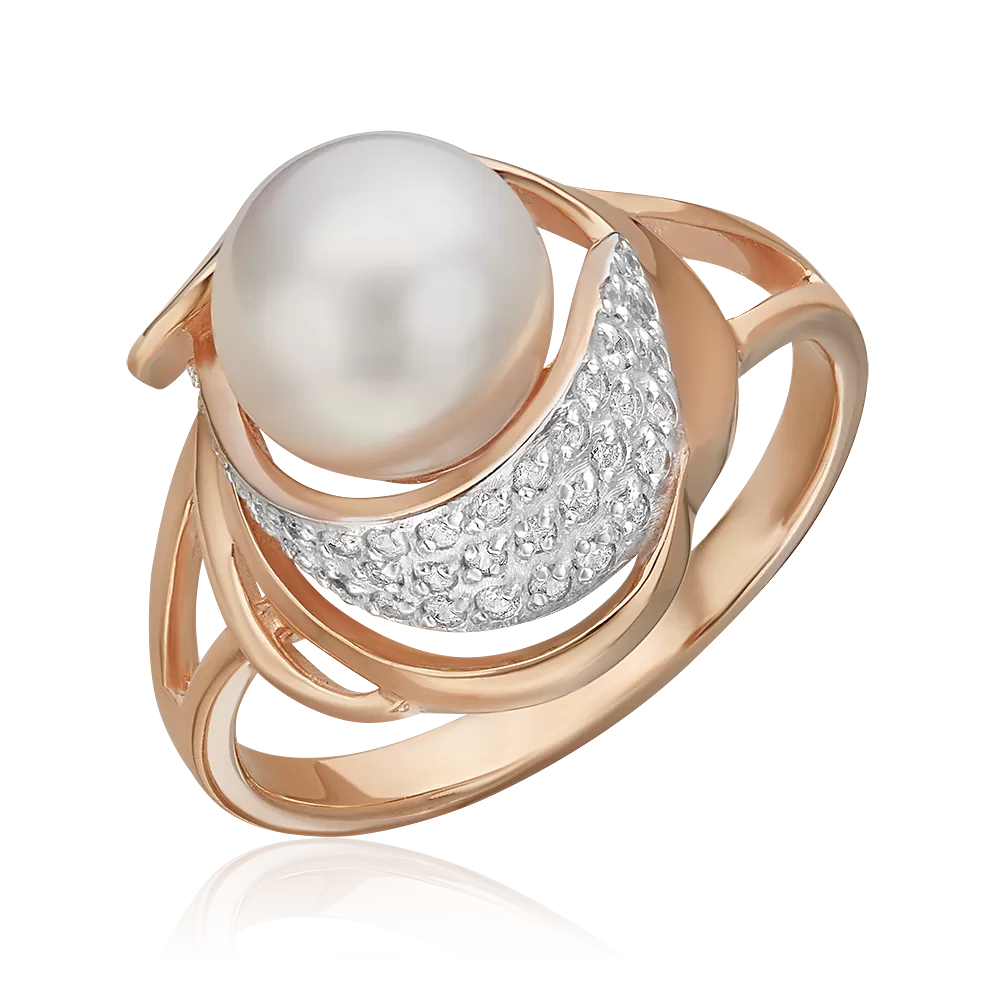 Кольцо из красного золота с жемчугом культивированным и фианитами 01-2163-00-302-1110-31