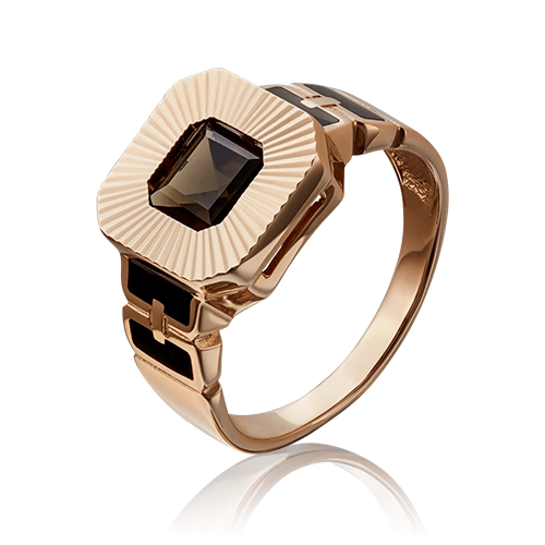 Печатка из красного золота с кварцем дымчатым и эмалью 01-2215-00-202-1110-46