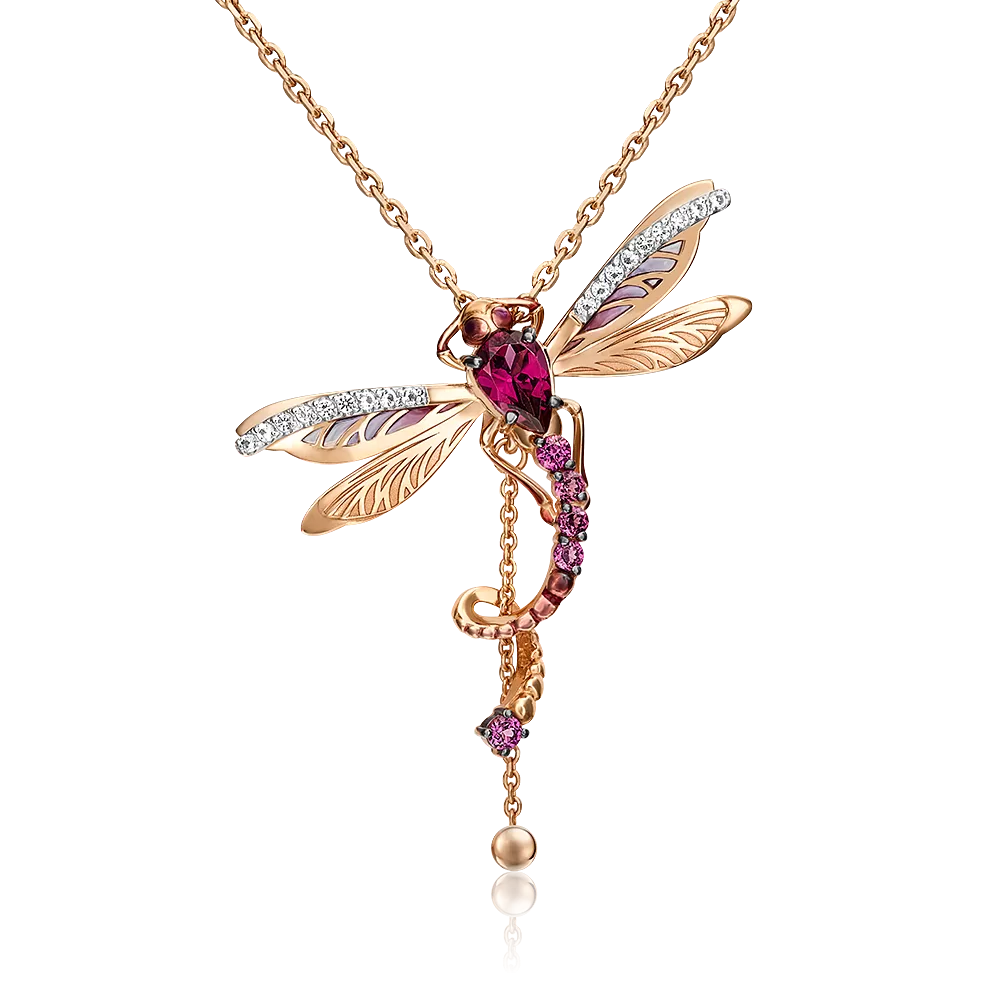 Подвеска «Стрекоза» из красного золота с гранатами, натуральными топазами white и эмалью 03-3071-01-264-1110-57