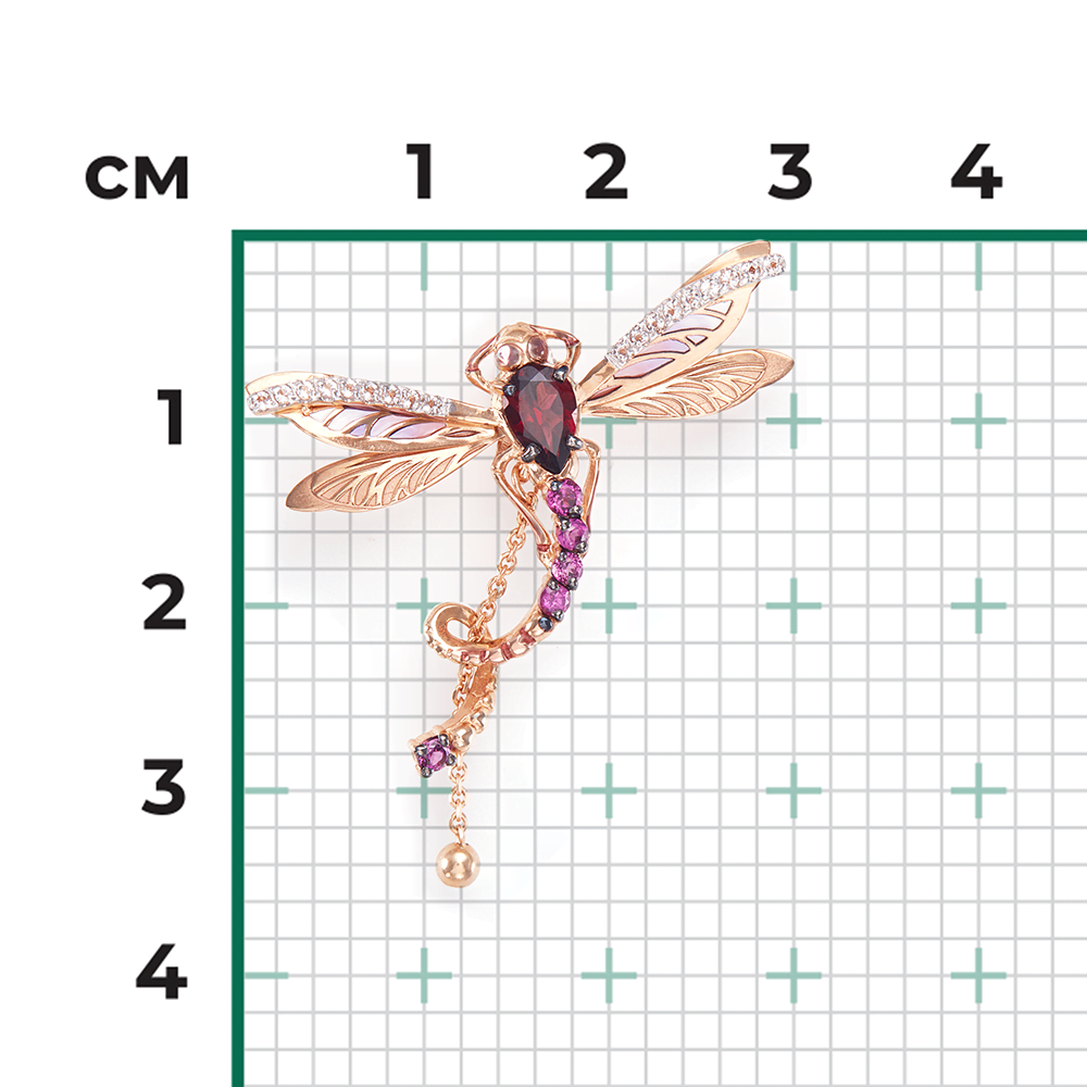 Подвеска «Стрекоза» из красного золота с гранатами, натуральными топазами  white и эмалью