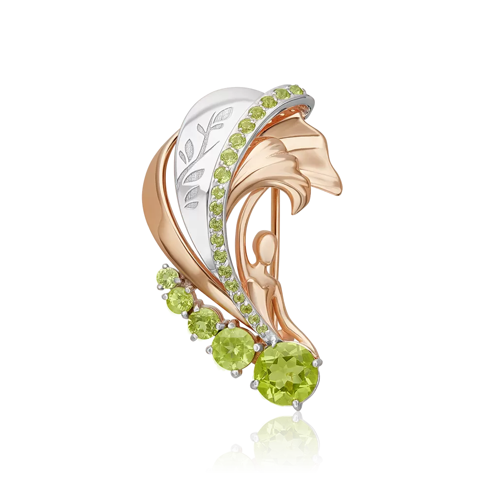 Брошь «Стихия Земли» из комбинированного золота с хризолитами 04-0290-00-205-1111