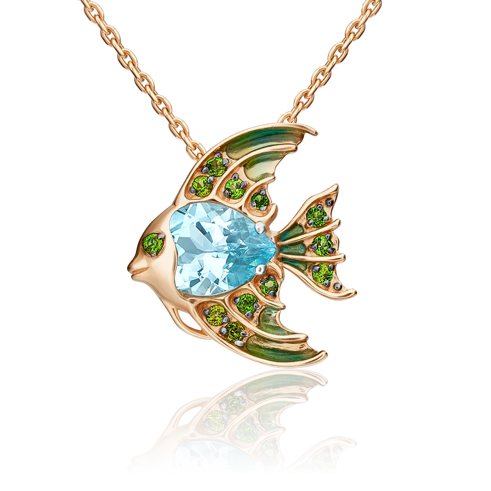 Подвеска «Рыбка» из красного золота с топазом, хромдиопсидами и эмалью 03-3120-00-713-1110-57