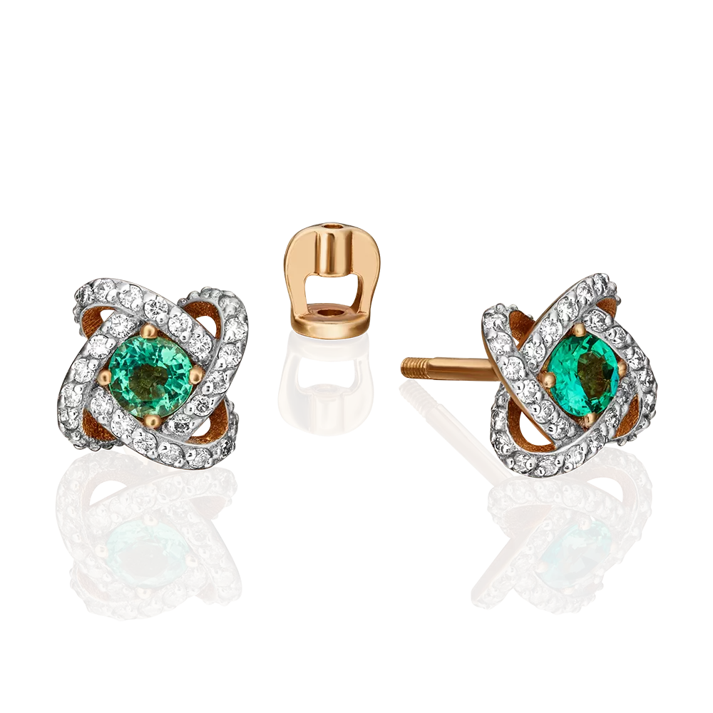 Серьги-пусеты из красного золота с изумрудом и бриллиантами 02-0838-00-106-1110-30