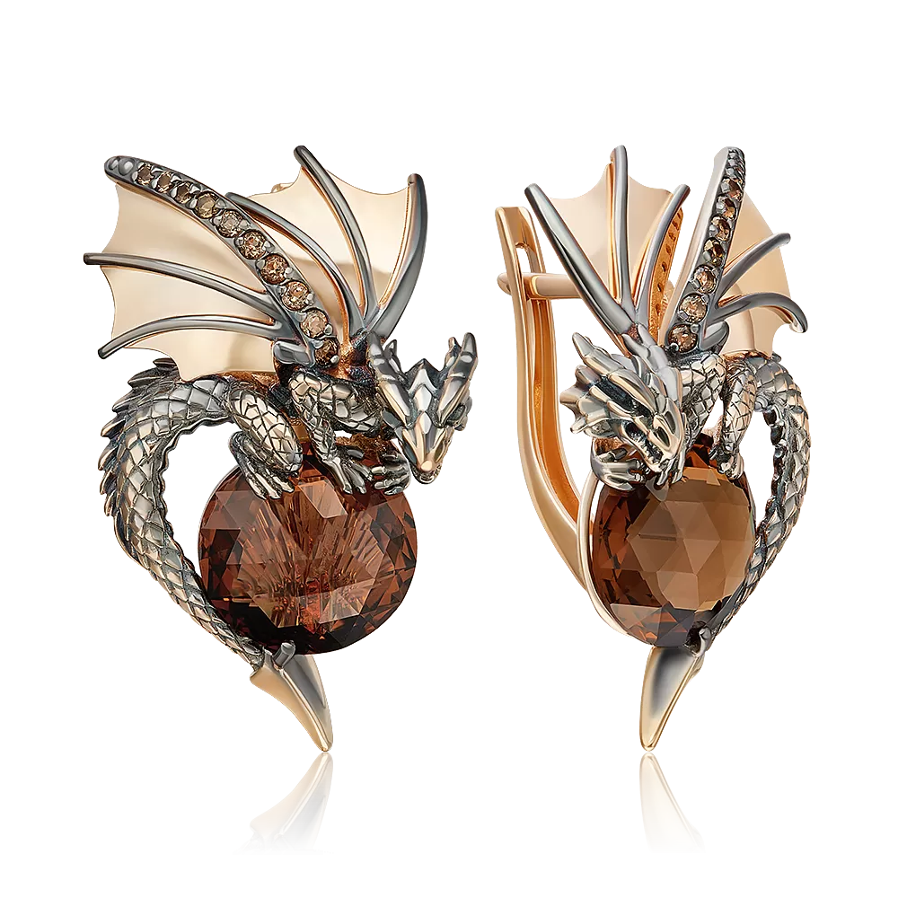 Серьги «Драконы» с английским замком из красного золота с цитрином и кварцем дымчатым 02-5284-00-226-1110