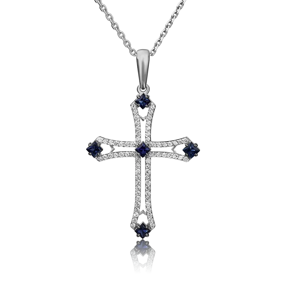 Декоративный крест из белого золота с сапфирами и бриллиантами 03-0485-00-105-1120-30