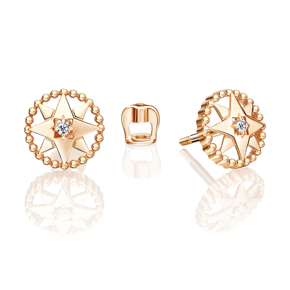 Серьги-пусеты «Роза ветров» из красного золота с фианитом 02-5518-00-401-1110