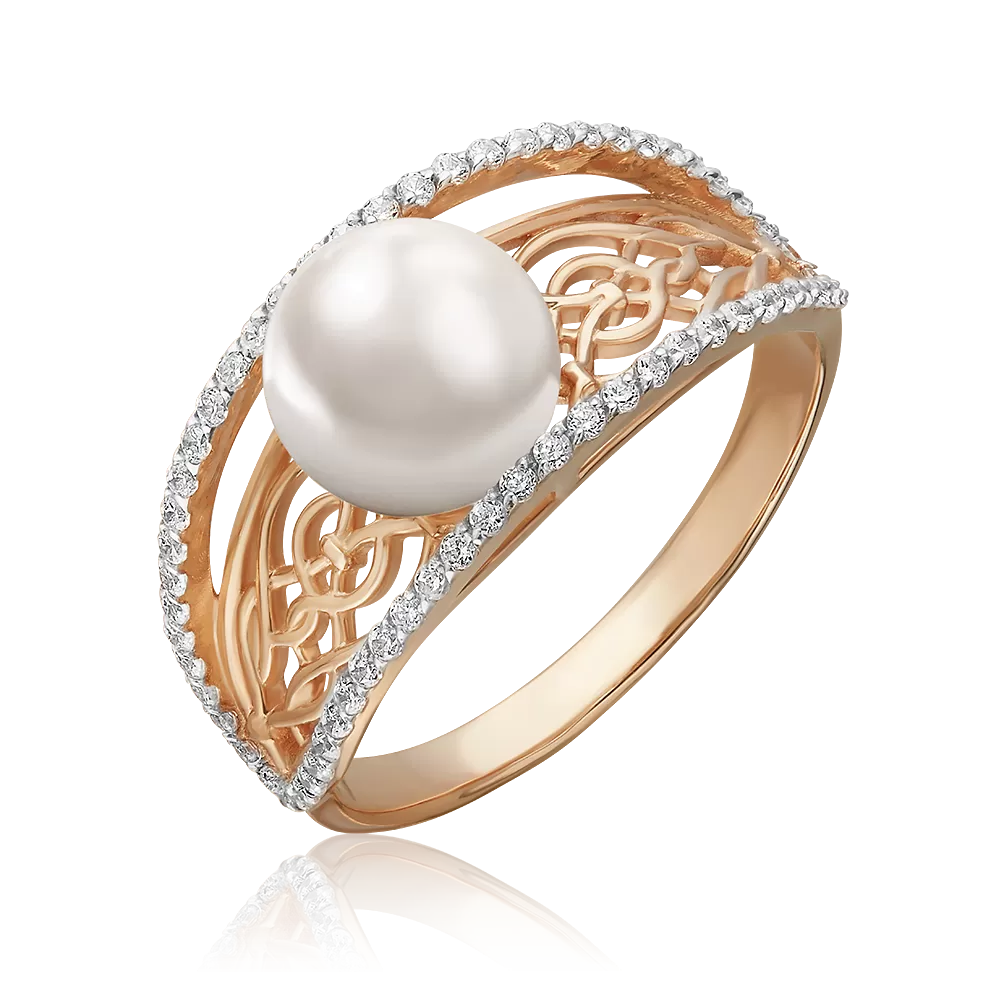 Кольцо из красного золота с жемчугом культивированным и фианитами 01-3636-00-302-1110-31