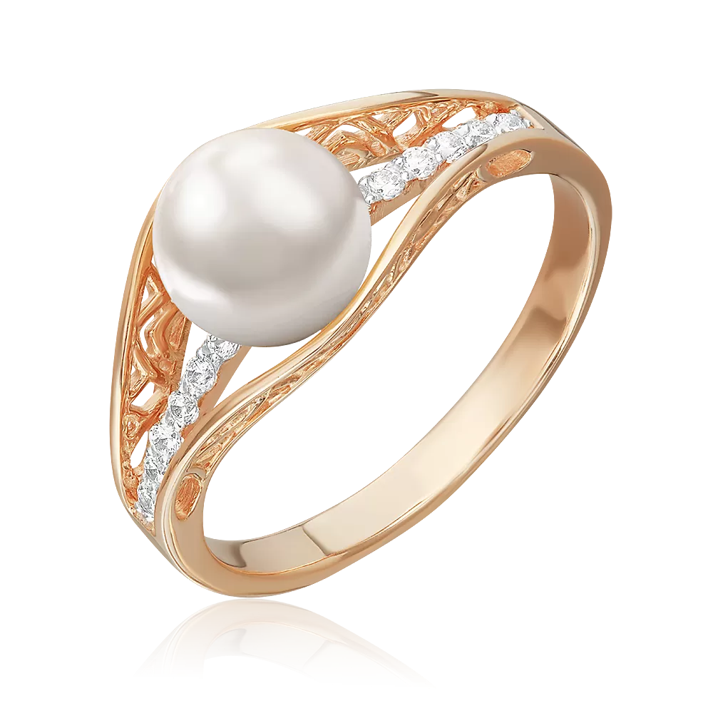 Кольцо из красного золота с жемчугом культивированным и фианитами 01-3638-00-302-1110-31