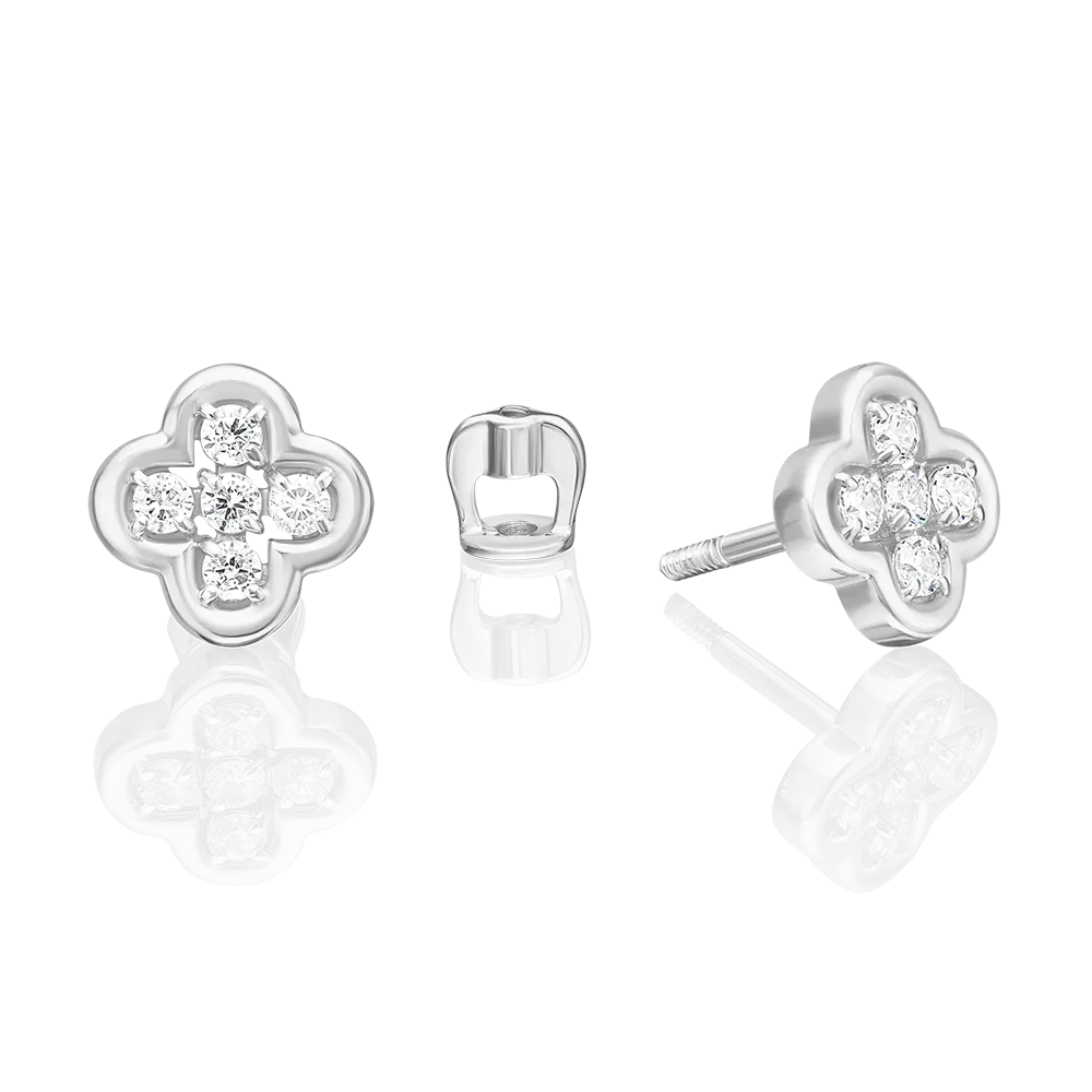 Серьги-пусеты «Клевер» из белого золота с фианитами 02-5523-00-401-1120