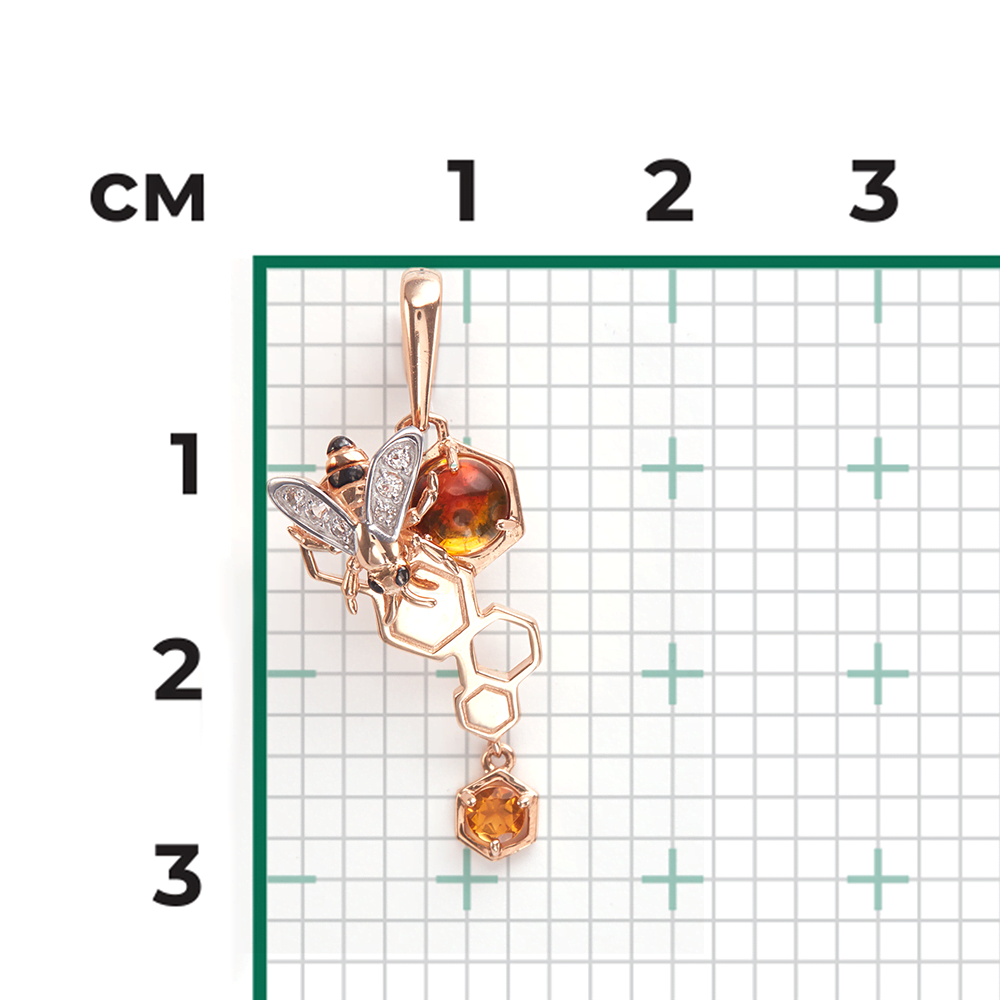 Подвеска «Пчела на сотах» из красного золота с янтарём, цитрином и  натуральными топазами white