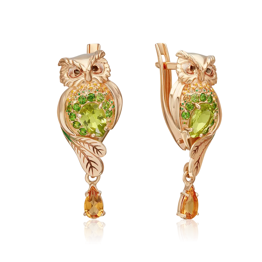 Серьги «Совы» с английским замком из красного золота с миксом камней и эмалью 02-4128-00-710-1110-57