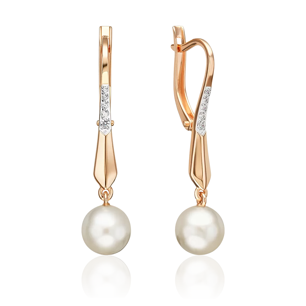 Серьги с английским замком из красного золота с жемчугом культивированным и фианитами 02-5603-00-302-1110