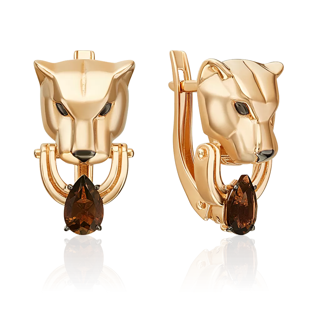 Серьги «Пантеры» с английским замком из красного золота с кварцем дымчатым 02-5506-00-202-1110