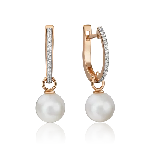 Серьги с английским замком из красного золота с жемчугом культивированным и фианитами 02-4471-00-302-1110-31