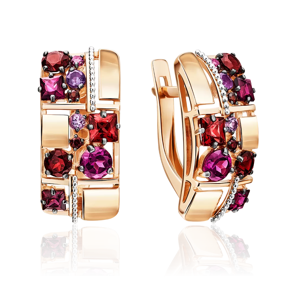 Серьги с английским замком из комбинированного золота с гранатами и аметистами 02-4406-00-257-1111-57
