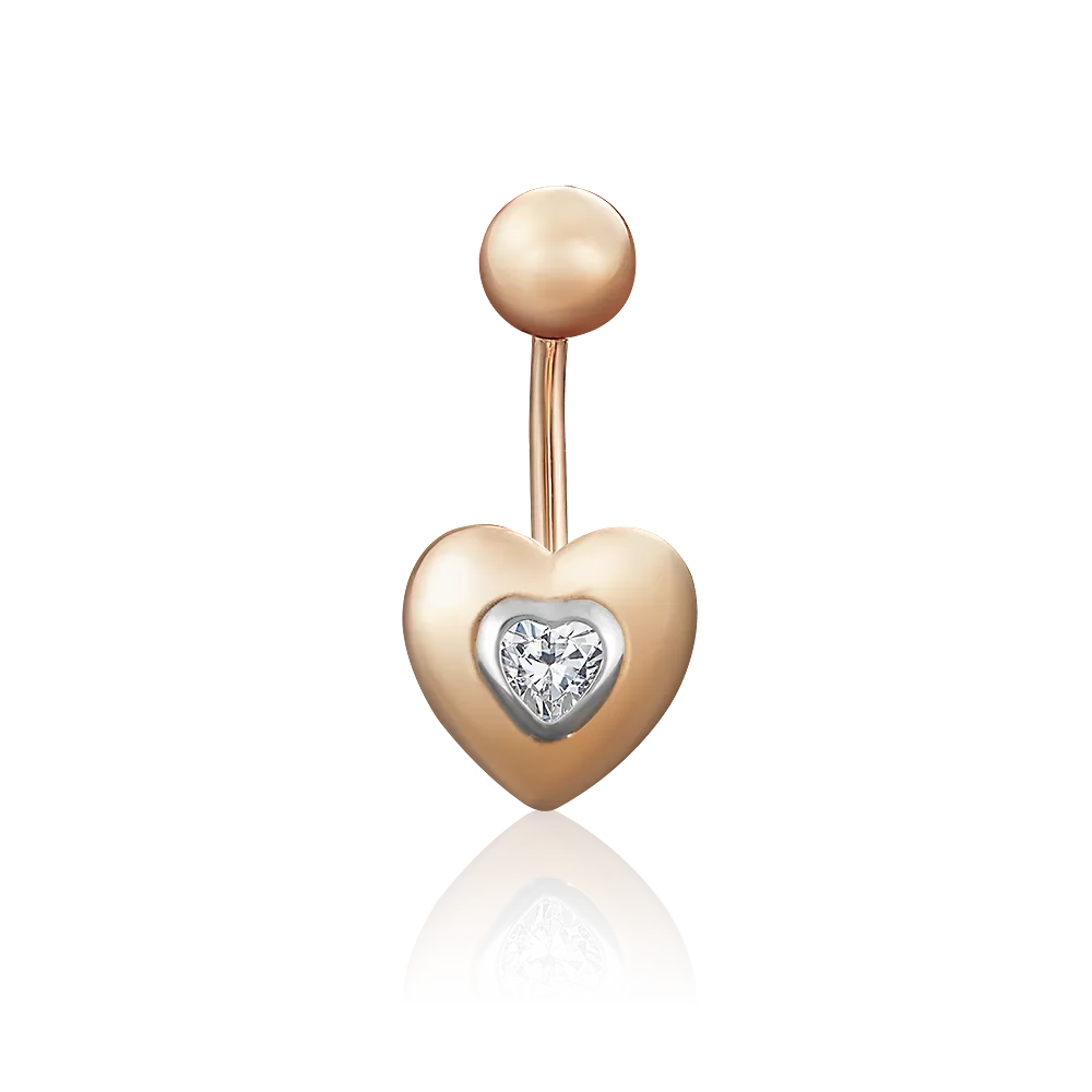 Пирсинг в пупок «Сердце» из комбинированного золота с фианитом 06-3320-00-501-1111-38