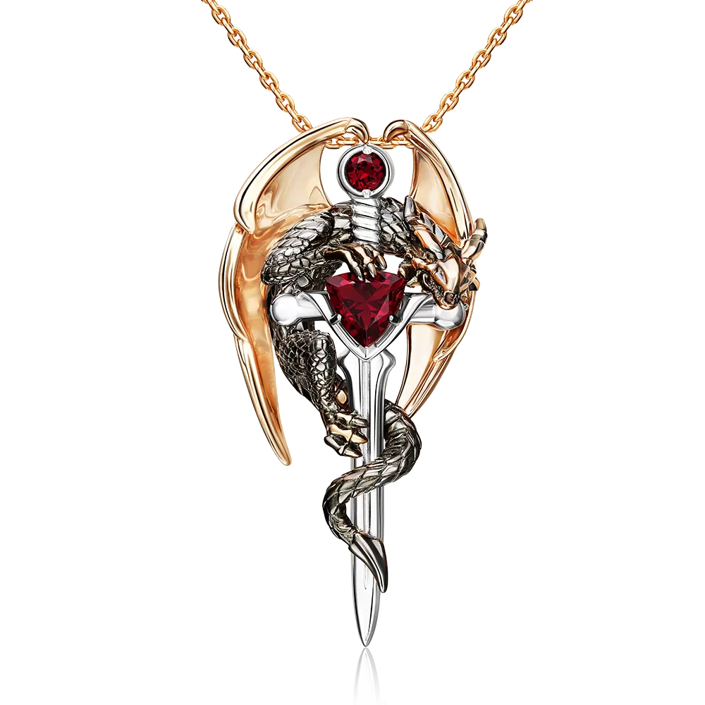 Подвеска «Дракон с мечом» из комбинированного золота с гранатами 03-3495-00-204-1111