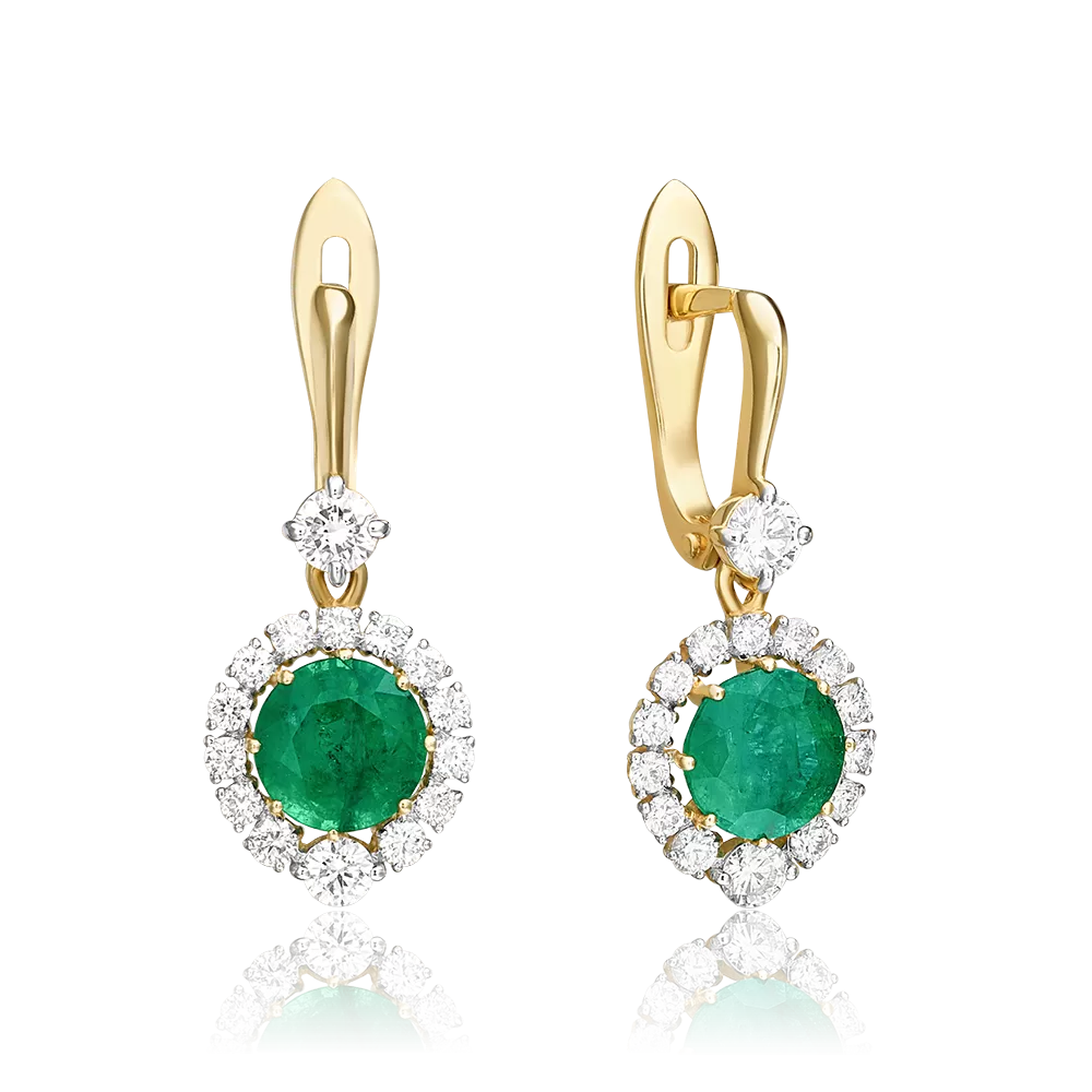 Серьги с английским замком из лимонного золота с изумрудом и бриллиантами 02-0806-00-106-1130-30