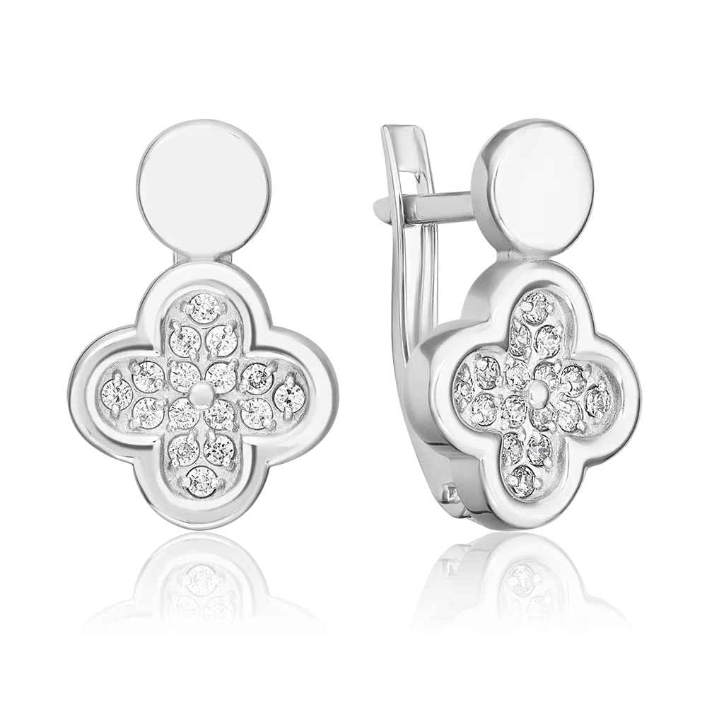 Серьги «Клевер» с английским замком из белого золота с фианитами 02-5521-00-401-1120