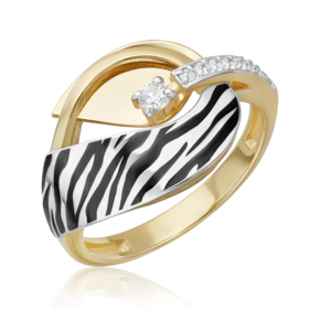 Кольцо с принтом «Зебра» из комбинированного золота с фианитами и эмалью 01-5715-00-401-1121