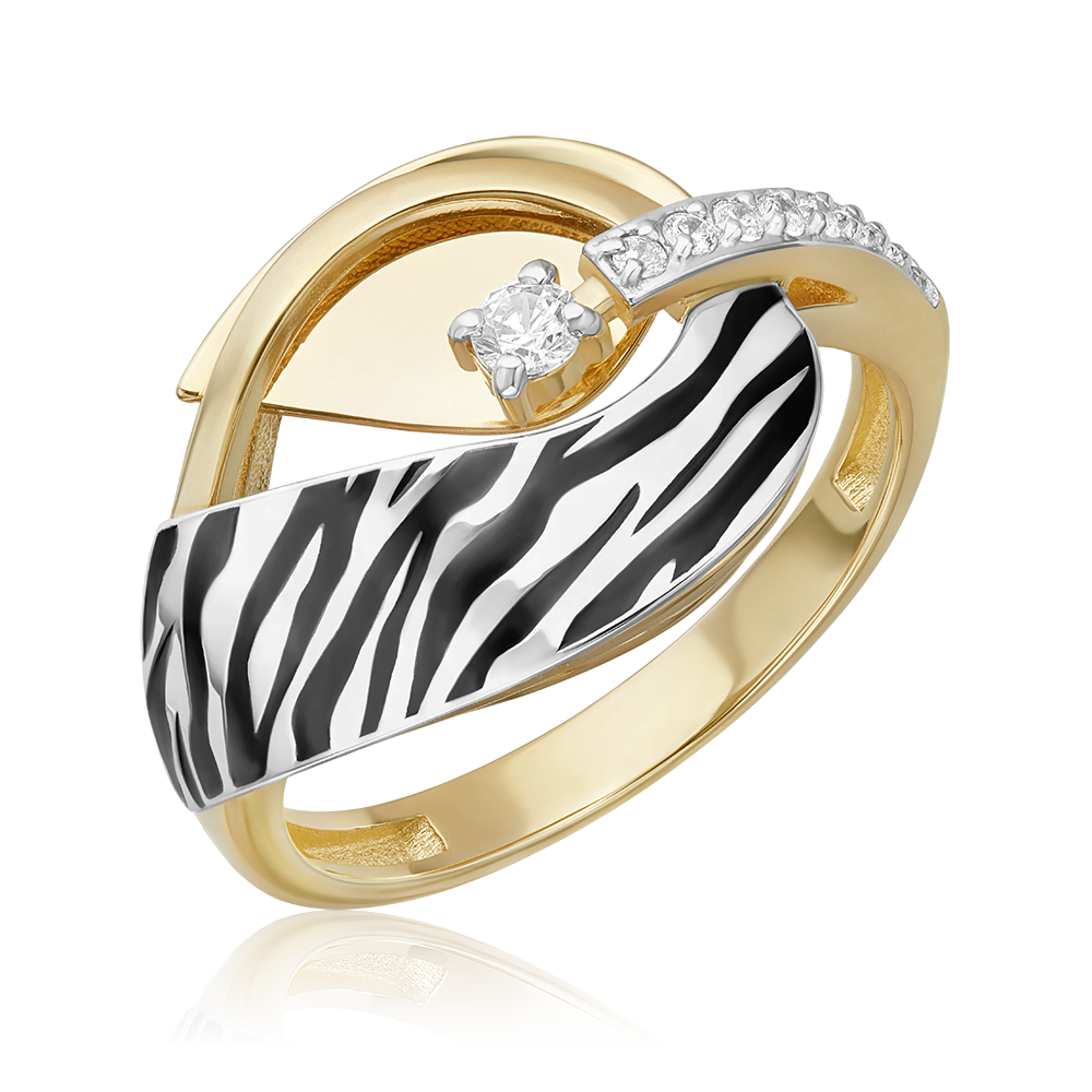 Кольцо с принтом «Зебра» из комбинированного золота с фианитами и эмалью 01-5715-00-401-1121