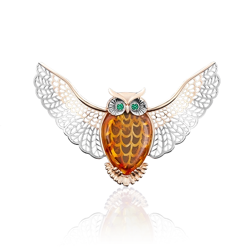 Брошь-подвеска «Сова» из красного золота с янтарём и фианитами 04-0145-00-272-1110-46