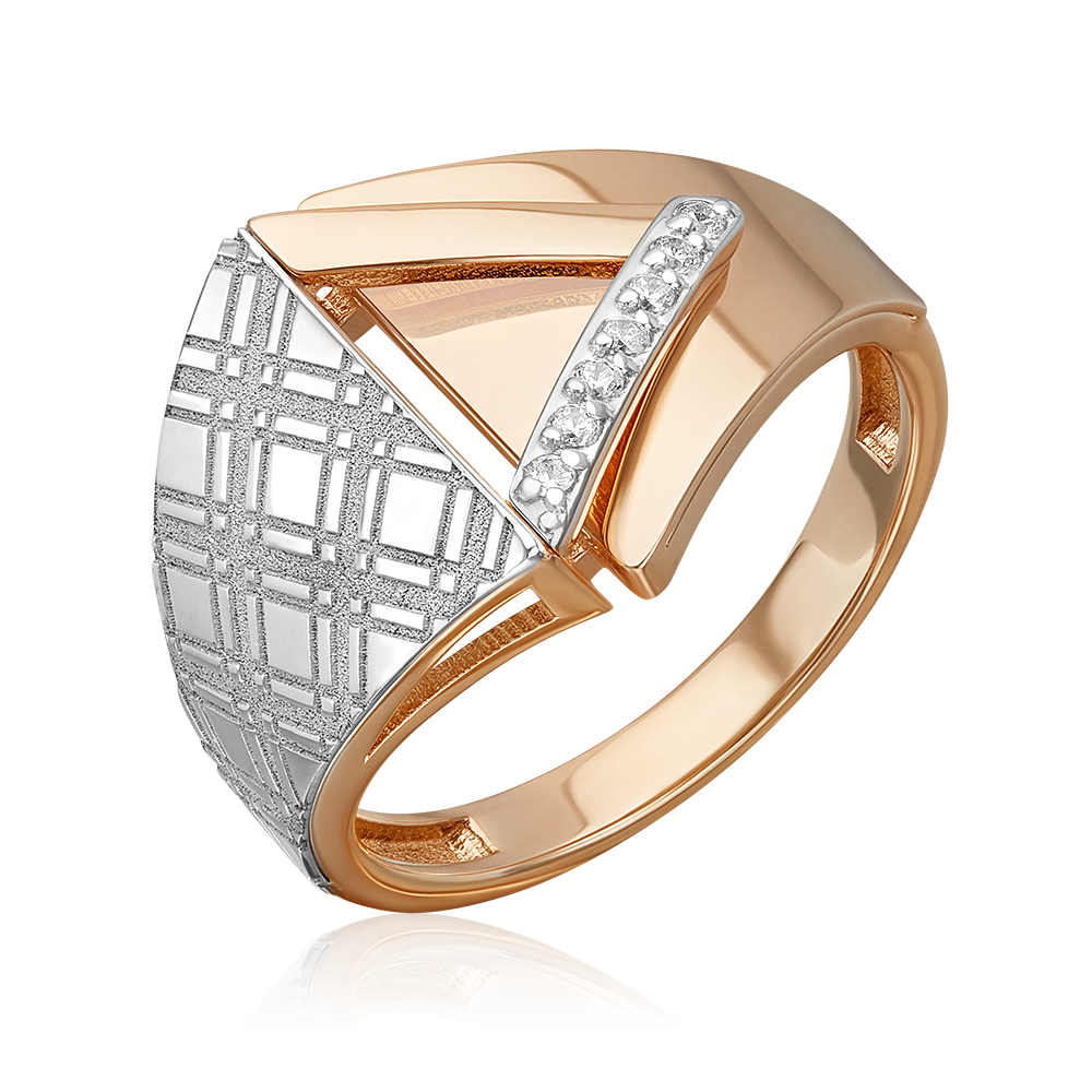 Кольцо с принтом «Клетка» из комбинированного золота с фианитами 01-5712-00-401-1111