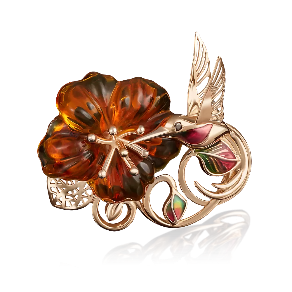 Брошь «Колибри»  из красного золота с фианитом, янтарём и эмалью 04-0160-00-272-1110-46